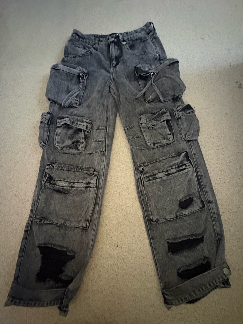 Women’s Black Washed Cargo Jeans with Utility Pockets